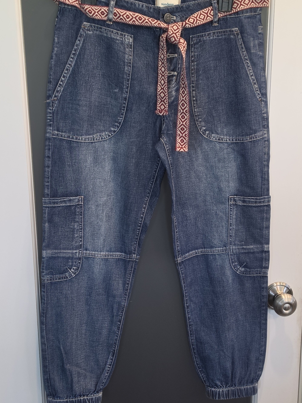 Sundance Indigo Relaxed Cargo Jeans with Patterned Waist Tie